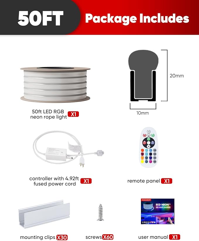 Shine Decor LED RGB Neon Rope Lights AC 120V, Expandable & Cuttable Bright Strip Lighting with Remote, Dimmable Color Changing, ETL Cold-Resistant & IP65 Waterproof for in&Outdoor, 10x20mm, 50FT