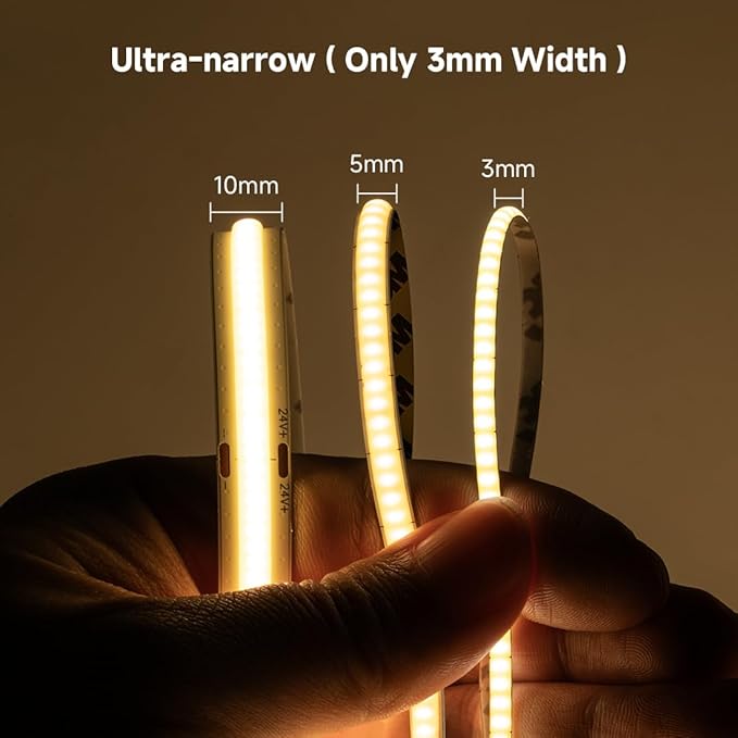 BTF-LIGHTING FCOB COB 3mm Width UL Listed Super Narrow Flexible Uniform LED Strip Light 16.4FT DC12V 3000K CRI 90+ Dimmable LED Ribbon for Kitchen Home Indoor Decoration(No Adapter or Controller)