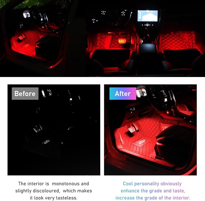 Car LED Strip Light, 48 LED RGB Auto Interior Atmosphere Lights, Cigarette Lighter Under Dash Ambient Night Light, Interior Lamp Lighting Kit (Red, USB)