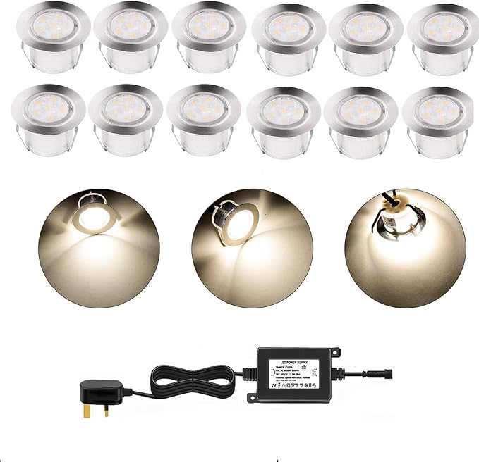 LED Outdoor Deck Lights Kits, Warm White Φ1.77in Low Voltage 12V DC IP67 Waterproof, Electric Wired Recessed Round Up Landscape Lighting for Outside Yard Stair Step Floor Riser, 12 Pack Silver