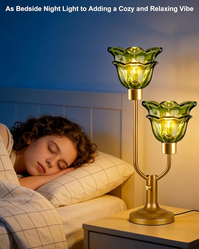 Lightdot Mid Century Modern Flower Table Lamp Gold Dimmable U-Shaped Green Glass Desk Lamps with 2Pcs 3000K Warmwhite Bulbs Included Bedside Nightstand Lamp for Living Room Bedroom