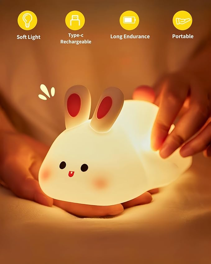 Big Face Rabbit Silicone Night Light, Squishy Bunny Lamp with Touch Control, 30-Min Timer, Rechargeable Kids Night Light for Bedroom Nursery, [Easter Gifts]