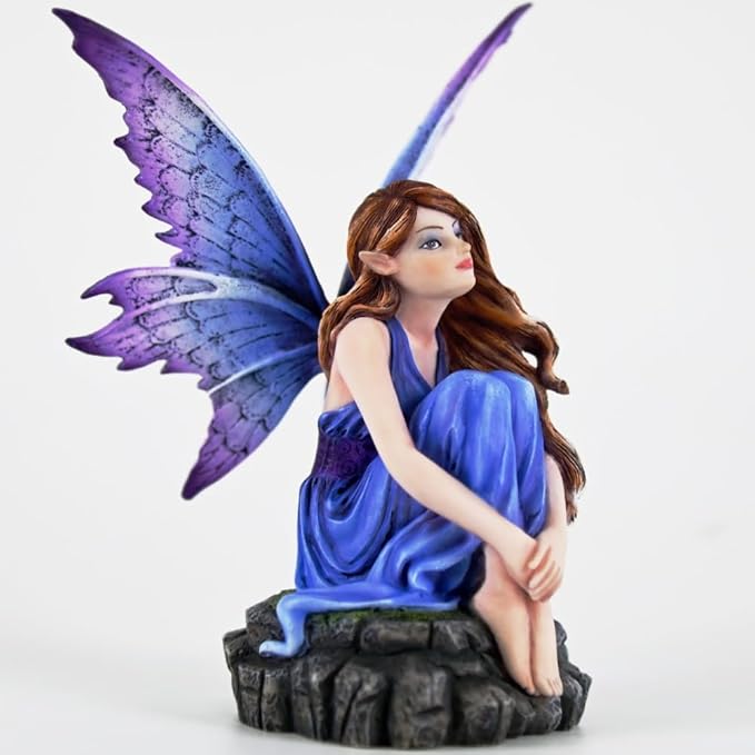 Fantasy Blue-Purple Fairy Figurine, 6.1 Inch Gradient Wings Elf Statue, Hand-Painted Resin Decor with Rock Base for Indoor, Garden, Desk