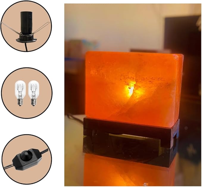 Himalayan Pink Salt Lamp 6.5 x 7.5 x 4 Inches – Natural Rectangular Crystal Rock Salt Lamp with Wooden Base, Dimmer Switch & 2 Bulbs – Soothing Amber Night Light for Home & Office