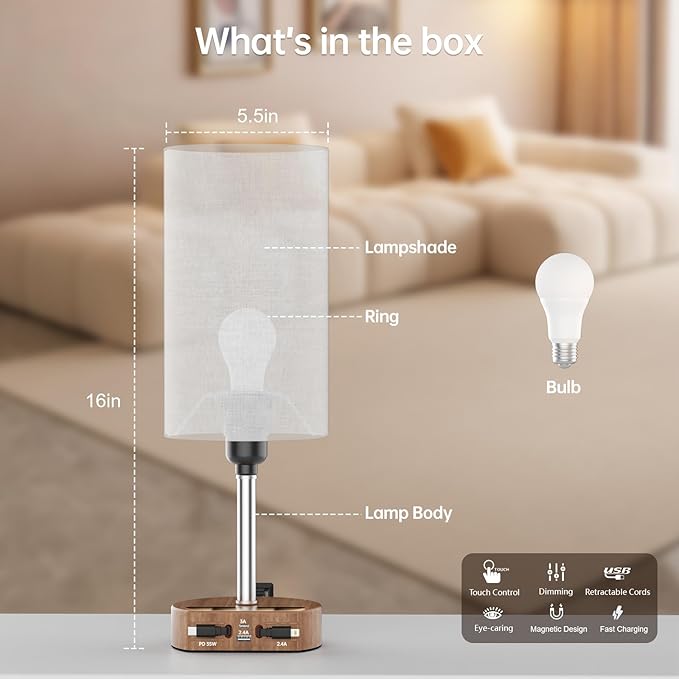 Bedside Table Lamps Set of 2, Desk Lamp with Charging Station 74W【2 * 3.94ft Retractable Cords & 2 USB Ports】, 3 Way Dimmable Touch Lamps for Nightstand (Grey-Wood Grain Set of 2)