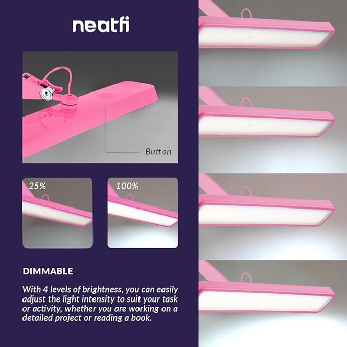 Neatfi Task Lamp – 2,500 Lumens, 30W, 22-Inch Wide Shade, 4 Brightness Levels, Eye-Caring Light, Clamp Mount, LED Task Light for Manicure Table, Crafts, Workbench, Office (Non-CCT, Pink)