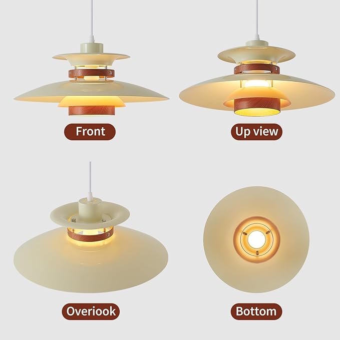 Modern Decor Adjustable Pendant Lamp Kitchen Island, Aluminum and Wood Finish,1-Light E26 Base Ceiling Hanging Light for Dining Room Shop Restaurant (Beige+Dark Wood Grain, 40cm)