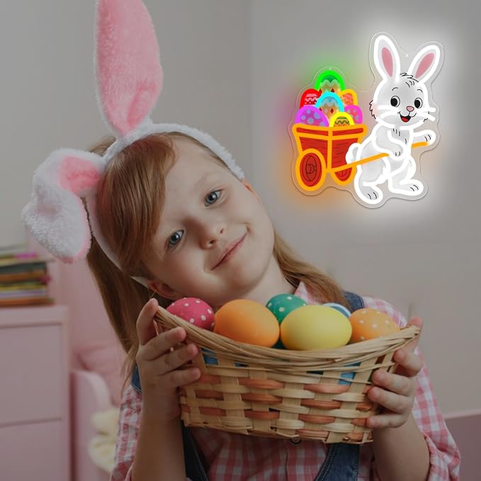 Easter Bunny Neon Sign Dimmable Easter Bunny with a Cart for Eggs Neon Light for Wall Decor Led Happy Easter Light Up Sign for Window