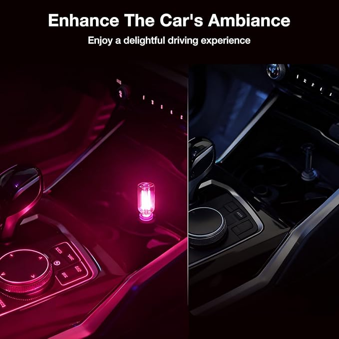 2 PCS USB Car Lights, Touch Dimmable Retro Mini Glass Bottle LED Ambient Night Light for Vehicle Interior, Bedroom, Hallway, Camping, Holiday and Party Decoration (Pink)