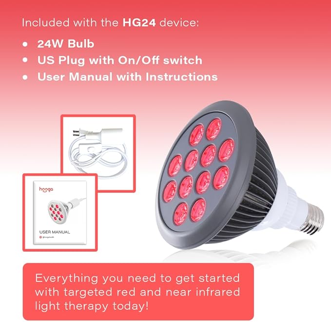 hooga HG24 Red Light Therapy Bulb — 660nm & 850nm Red & Near Infrared Light, 12 Dual-Chip LEDs, Targeted Light Bulb with Base & Braided Power Cord for Home Wellness Routine