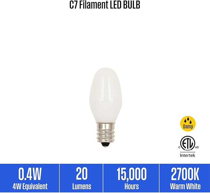 Westinghouse 5283000 0.4 Watt (4 Watt Equivalent) C7 Frosted Filament LED Light Bulb, Candelabra Base, 2 Pack