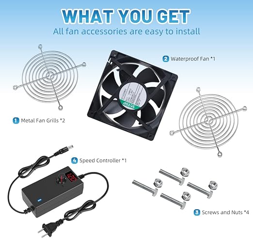 IP68 120mm Waterproof Fan with LED Voltage Display Speed Controller, 110V AC 120mm x 25mm, for DIY Cooling Ventilation Exhaust Projects