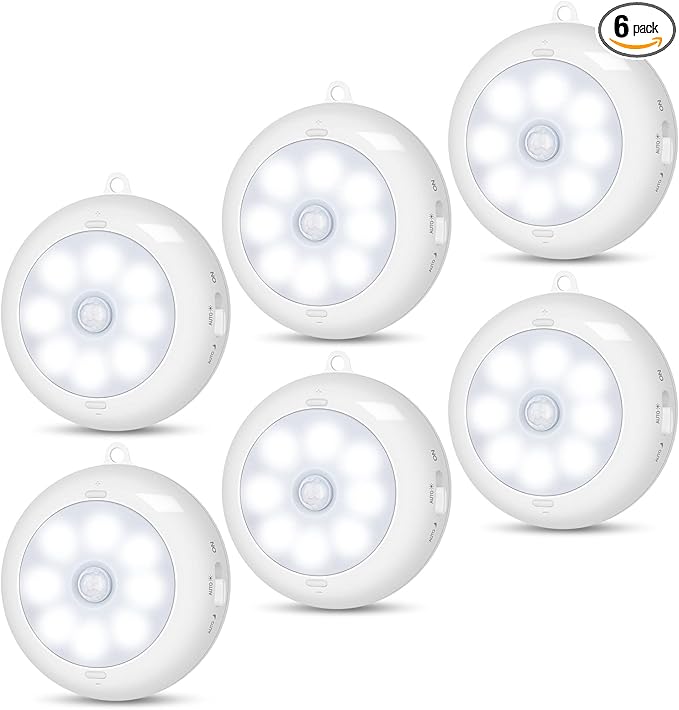 Motion Sensor Light Indoor, Under Cabinet Light, Ceiling Lights, AA Battery Operated Stick on Wireless Puck Lights for Wall, Step, Stair, Dimmable (6 Packs)