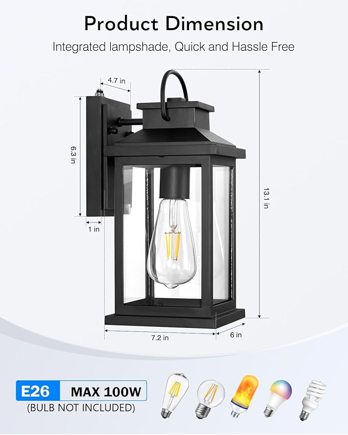 VIANIS Outdoor Wall Lantern, Modern Black Exterior Porch Lights Wall Mount Light Fixture, 100% Aluminum Waterproof Outside Lights for House, Dusk to Dawn Outdoor Sconce Lights for Garage, Patio 2-Pack