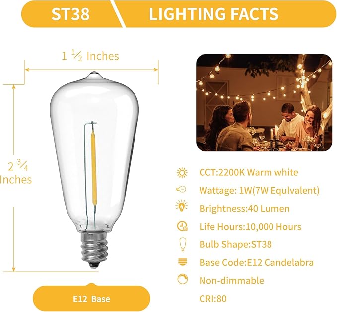 E12/C7 Base LED Replacement Bulbs for ST38 Outdoor String Lights - Not Solar, Vinatge 1W LED Shatterproof Bulb, Warm White 2200K, 25 Pack