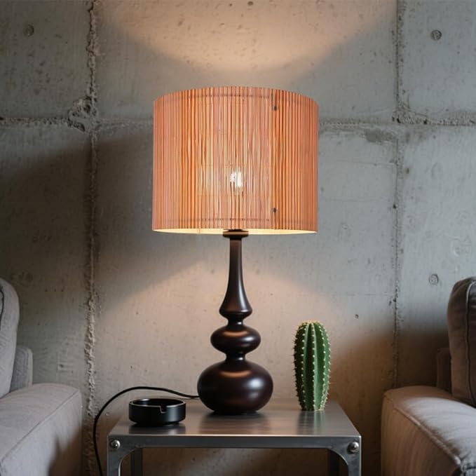 Bamboo Lamp Shade with Colorful Lines, Modern Bohemian Translucent Barrel Style, Decorative Art Shade for Table Floor Lamp, Easy Assembly, 11.8x9 Inch
