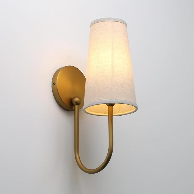 Pathson Set of 2 Linen Fabric Wall Sconces, Hardwired Curved Arm Bathroom Vanity Light with Cone Cloth Shade, Brass Indoor Wall Decor Lamp for Living Room, Kitchen, Bedroom, Foyer