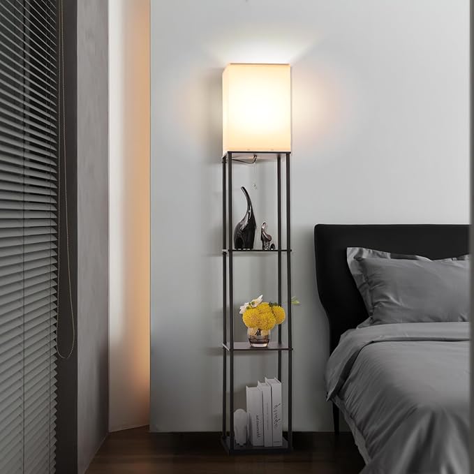 Floor Lamp with Shelves, Modern Square Standing Lamp with 3 Color Temperature Bulb, Corner Display Bookshelf Lamp for Living Room, Bedroom and Office (Black)