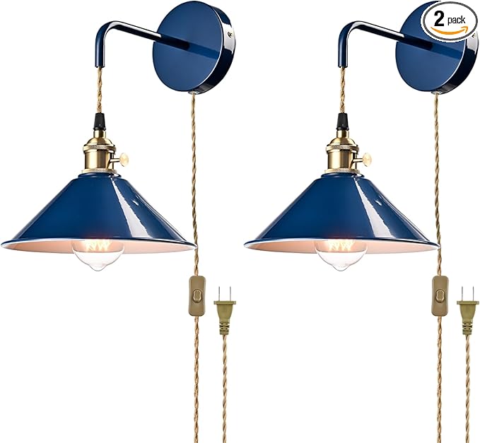 Plug-in Macaron Wall Sconce, Hanging Height-Adjustable Wall Lamp Set of Two, Hardwire Optional, Blue Industrial Wall Light Fixture for Home Office
