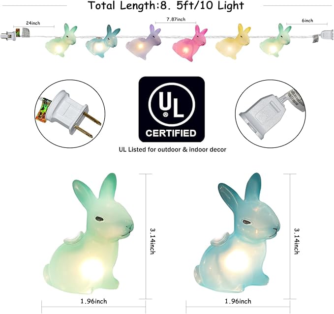 Easter Rabbit Decoration Lights Outdoor, 8.5 Feet Waterproof Bunny String Light with 10 Multicolor Rabbit Shaped Lights for Easter Indoor Bedroom Birthday Party Wedding Decor
