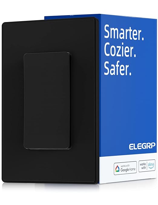 ELEGRP Smart Light Switch, 2.4GHz Wi-Fi Light Switch Compatible with Alexa & Google Assistant, Neutral Wire Required, APP Control and Timer Schedule, UL Certified,Single Pole, Black, 1 Pack