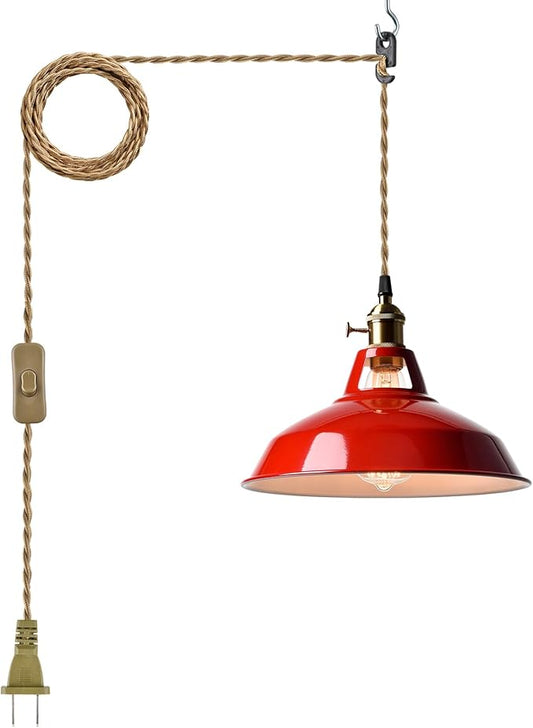 YUBOLE Plug-in Pendant Light Vintage Red Barn Shade Hanging Light Fixture Adjutable Hanging Cord with On-Off Switch Swag Lamp for Kitchen Bar Cafe Bedroom Loft