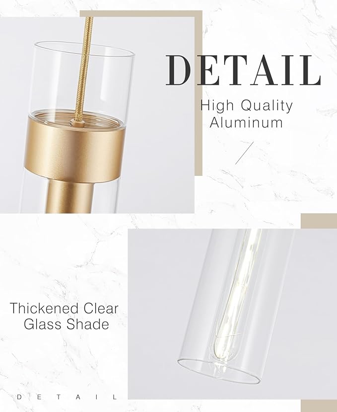 3 Pack Gold Pendant Lights Kitchen Island (Bulbs Included), Adjustable Modern Glass Pendant Light Over Island, Industrial Pendant Light Fixtures for Dining Room Hallway Bedroom Living Room