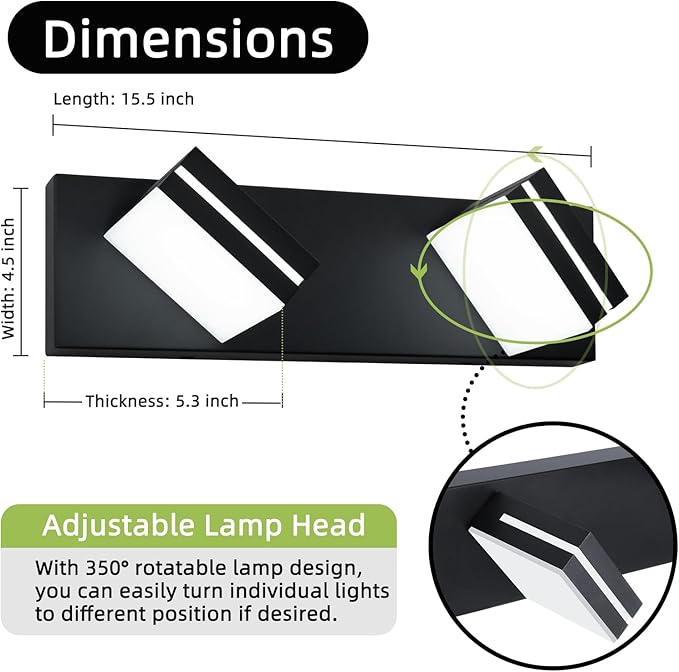 OKELI 2-Light Bathroom Vanity Light, Modern LED Vanity Light Over Mirror, Matte Black Acrylic Wall Light Fixture, 350° Rotatable Lamp Head, Cold White, Non-Dimmable, ETL Listed, 24 Inch