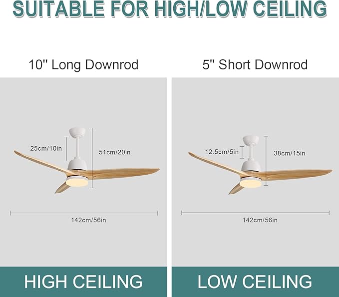 56”Ceiling Fans with Lights Remote Control, Dimmable LED and Reversible DC Motor,Wood Ceiling Fan Perfect for Outdoor Indoor,Wood Blades, Matte White Body