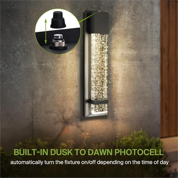 ASD LED 18 Inch Bubble Glass Wall Light Fixture | 12W 500LM 3000K-5000K 120V | 3CCT, Waterproof, Photocell, ETL Listed | Exterior Dusk to Dawn Flush Mount Sconce, Outdoor Lighting | Black, 2 Pack