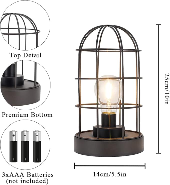 JHY DESIGN Vintage Battery Operated Lamp 10''H Decorative Table Lamp Metal Cage Cordless Lamps with LED Bulb for Home Decor Living Room Bedroom Kitchen Wedding Patio Indoor