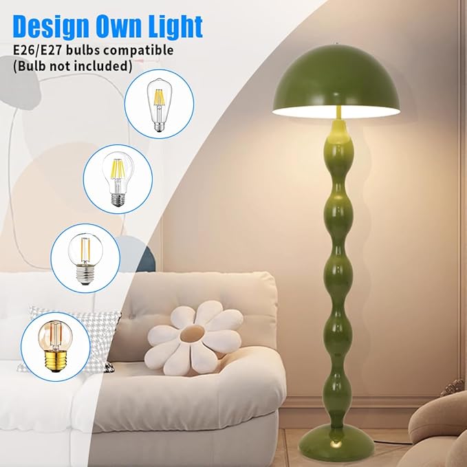 Floor Lamp Creative Green Mushroom Lamp, Standing Lamp with Foot Switch, Creamy Style Modern Tall Lamp for Living Room, Bedroom, Office, Corner, E26/E27 Bulbs Compatible