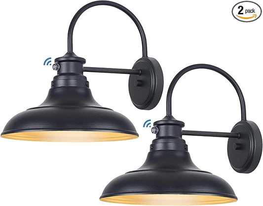 Dusk to Dawn LED Outdoor Barn Lights - 2 Packs Farmhouse Gooseneck Exterior Light Fixture Wall Mount, 12.25" Large Black Porch Lights, Outside Wall Lights for House Garage Patio Doorway