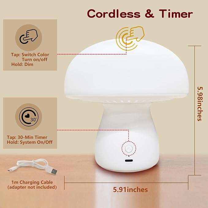 Red Night Light, Mushroom Lamp for Sleep & Relaxation, Dimmable 630nm Red Light with Timer, Touch Control for Bedroom Nursery Yoga, Promotes Melatonin, Portable Wireless for Adults Kids