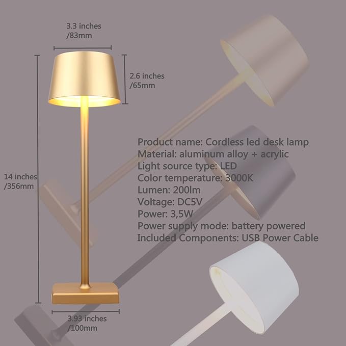 Desk lamp, Rechargeable Table lamp, Cordless, LED, Dimmable, Aluminum, Suitable for Indoor and Outdoor Lighting (Gold)