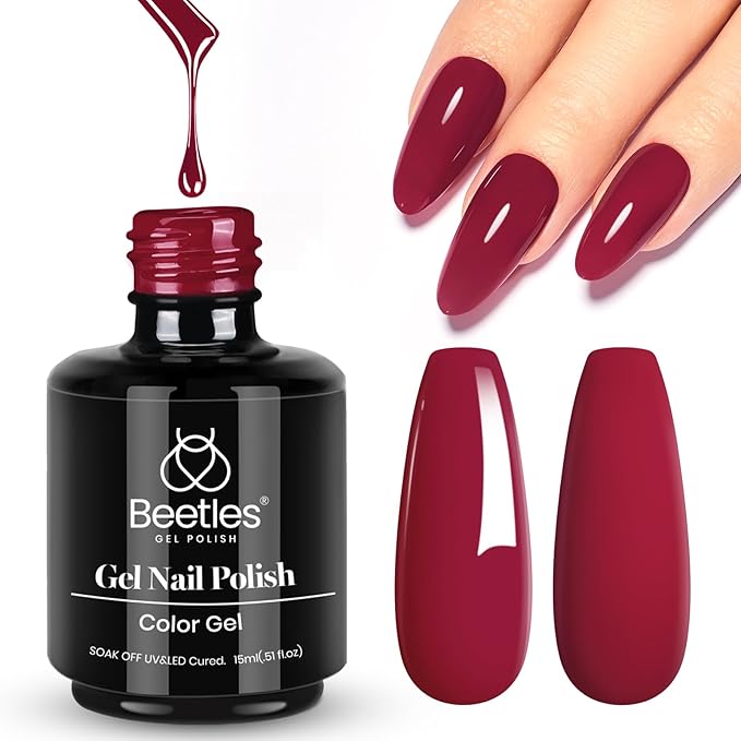 Beetles Red Gel Nail Polish, 1 Pcs 15ml Wine Red Burgundy Soak Off Gel Polish Nail Art Manicure Salon DIY Design Decoration Home Uv Nail Lamp Needed