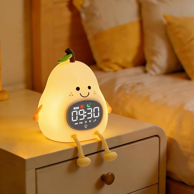 Pear Alarm Clock with Night Light for Kids with Sleep Training Light and White Noise, Rechargeable Silicone Lamp OK to Wake Clock，Cute Tabletop Clock, Perfect Sleep Companion for Boys Girls