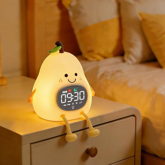 Pear Alarm Clock with Night Light for Kids with Sleep Training Light and White Noise, Rechargeable Silicone Lamp OK to Wake Clock，Cute Tabletop Clock, Perfect Sleep Companion for Boys Girls