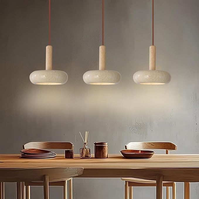 9.1inch Japanese Wabi-sabi Style Travertine Pendant Lamp Round LED Natural Stone Shade Pendant Light Wood Bedroom Bedside Hanging Light 3000K for Living Dining Room Table