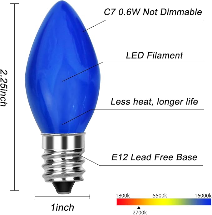 25 Pack C7 LED Christmas Lights Replacement Bulbs,Ceramic Multicolor Christmas Light Bulbs 0.6Watt Dimmable E12 LED Replacement Bulbs for Xmas Tree String Lights