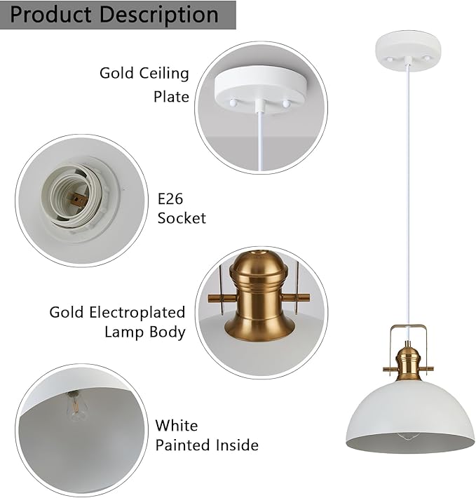 12 Inch Pendant Lights for Kitchen Island Matte White Farmhouse Pendant Light fixtures Adjustable Height Dome Hanging Light for Dinning Room Bedroom Hallway,1 Pack