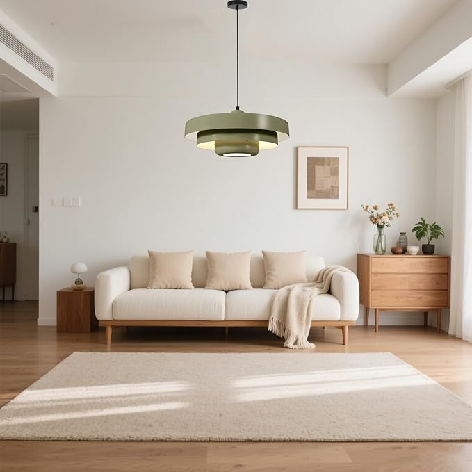 Large Olive Green Pendant Light, 17.7" Vintage Ceiling Chandelier with 3-Layer Metal Shade, Mid Century Modern Light Fixture for Dining Room, Shop, Cafe