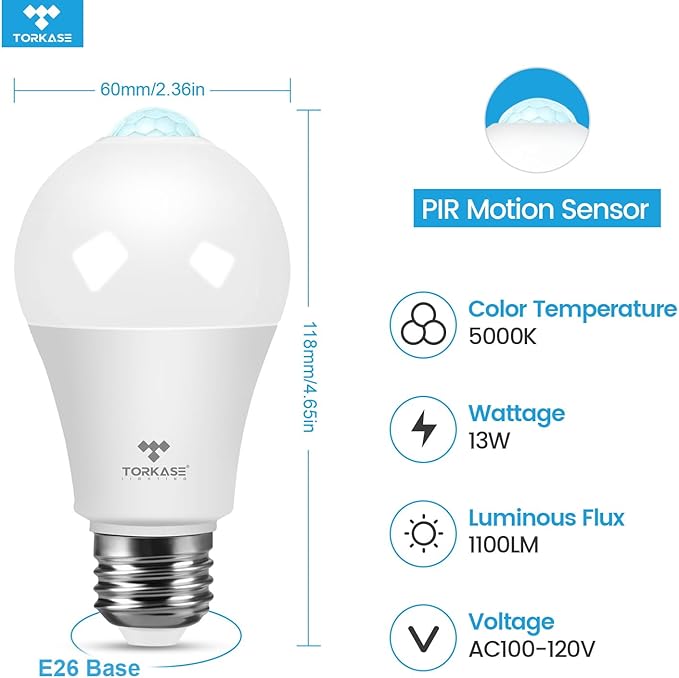 Motion Sensor Light Bulbs, 13W (100Watt Equivalent), Motion Activated Dusk to Dawn Security LED Bulb, 5000K Daylight, Energy-Efficient, for Indoor and Outdoor Lighting, Porch, Stairs, Hallway 3Pack