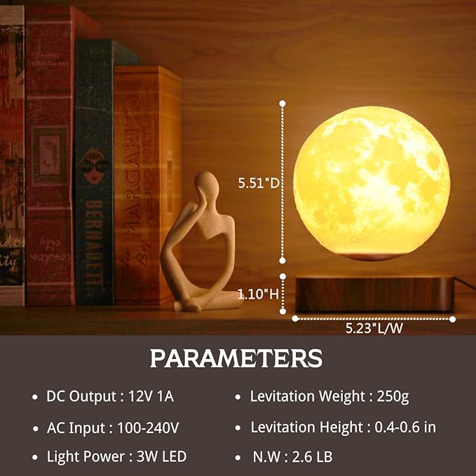 MOOCCI Magnetic Levitating Moon Lamp, 3D Printed Realistic Moon Surface with Warm White Light, Unique Valentine's Day Christmas Gift for Wife Girlfriend Women Mom, Cool Home Decor
