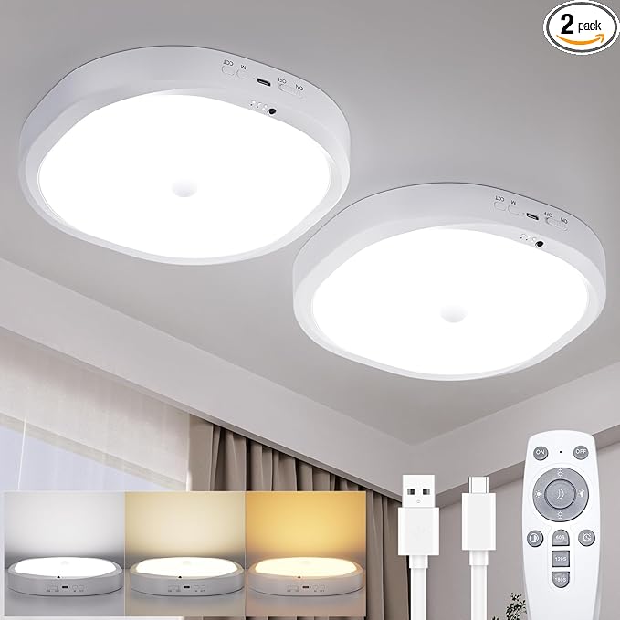 Rechargeable Motion Sensor Ceiling Light Indoor, 10000mAh Battery Operated Closet Light with Remote Control, Magnetic Mount Shower Light for Bathroom/Pantry/Garage 2-Pack