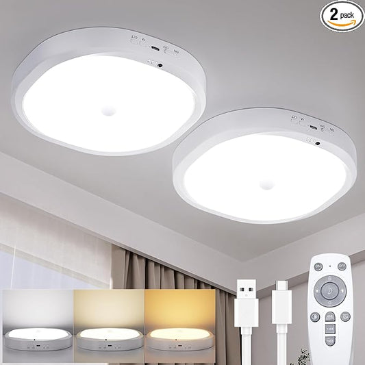 Rechargeable Motion Sensor Ceiling Light Indoor, 10000mAh Battery Operated Closet Light with Remote Control, Magnetic Mount Shower Light for Bathroom/Pantry/Garage 2-Pack