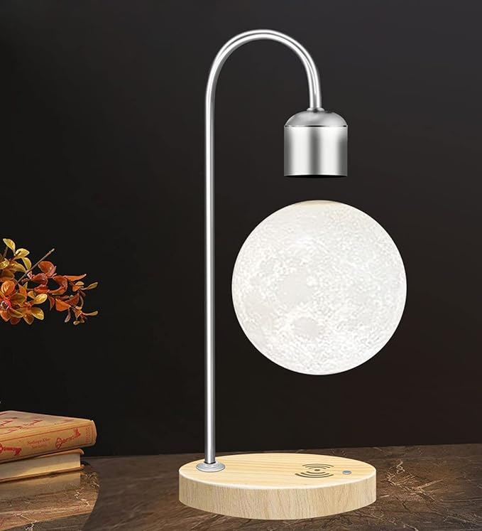 Unique Modern Levitating Lamp with Floating Light and Built-in Qi Wireless Charger, Simplistic and Innovative Design, Warm Decorative Night Light (Silver Moon)