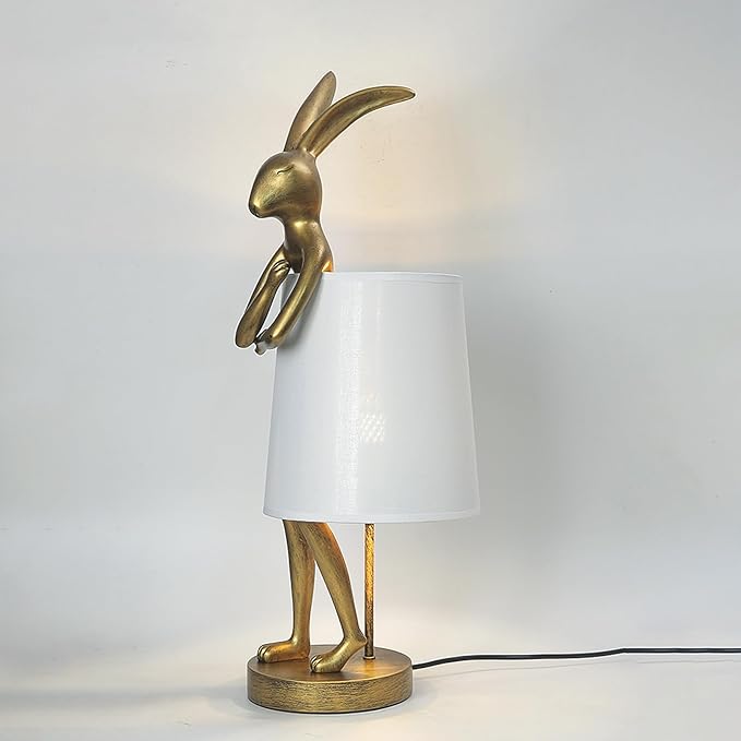 Cute Rabbit Animal Table Lamp,Big Size 25.6", Gold Resin Bunny Decor LED Desk Light,White Linen Shade,Home Eye Protection Lamp Office Study Bedside Small Bunny Light (25.6" White Shade)
