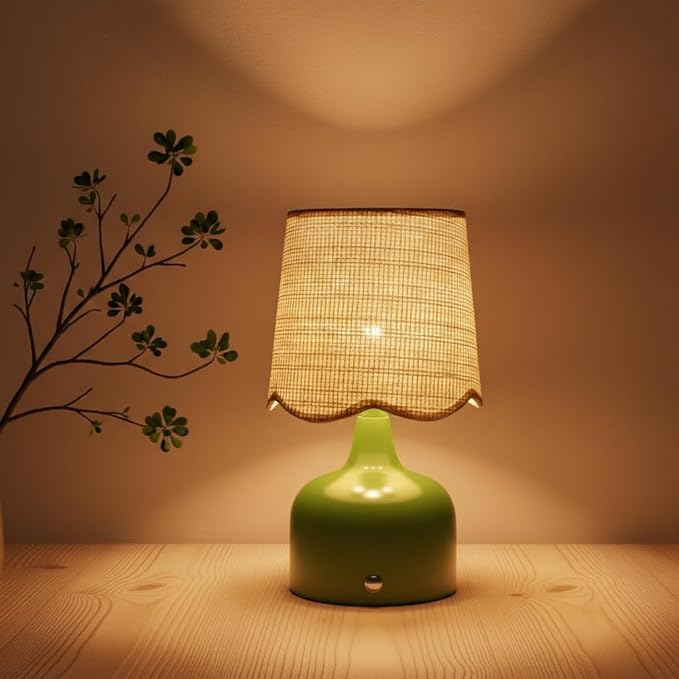 Cordless Boho Table Lamp Green, Scalloped Wicker Shade, 5200-mAh Rechargeable Battery, 3-Way Dimmable, Build-in Integrated LED 320 Lumen Max, for Bedside Living Room