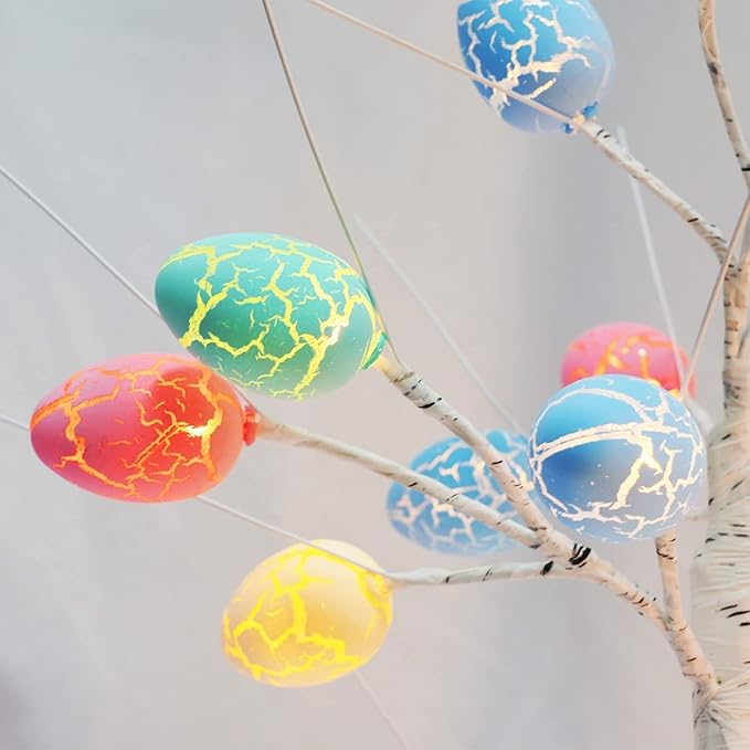 Easter Decorations kemooie 24 inch Pre-lit White Birch Tree with 24pcs Easter Egg Ornaments, 24 Led Lights Battery Operated Table Centerpiece for Party Birthday Home Spring Decoration Indoor Use